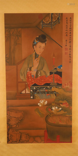 A Fabulous Character Silk Scroll Painting By QiuYing Made