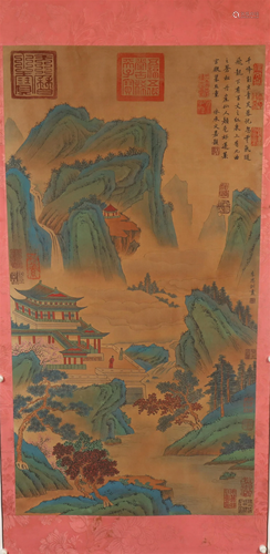 A Fine Verdant Mountains& Clear Water Silk Scroll Painti...