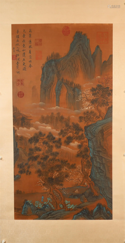 A Fine Verdant Mountains& Clear Water Silk Scroll Painti...