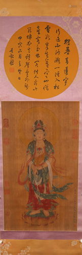 A Goegeous Guanyin Status Silk Scroll Painting By WuBin Made