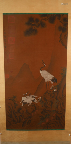 A Wonderful Group of Cranes Silk Scroll Painting By YiWu Mad...