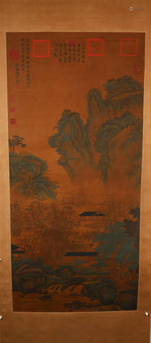 A Fine Verdant Mountains& Clear Water Silk Scroll Painti...