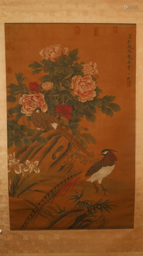 A Wonderful Flower& Bird Silk Scroll Painting By YiWu Ma...