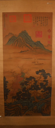 A Fine Verdant Mountains& Clear Water Silk Scroll Painti...