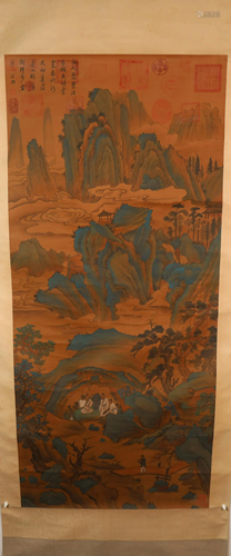 A Fine Verdant Mountains& Clear Water Silk Scroll Painti...