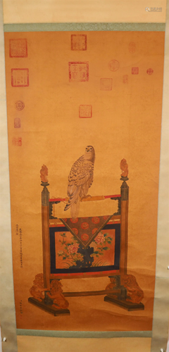 A Delicate White-Eagle Silk Scroll Painting By LangShiNing M...