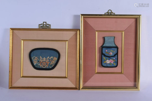 TWO FRAMED 19TH CENTURY CHINESE SILKWORK PURSES Late Qing. L...