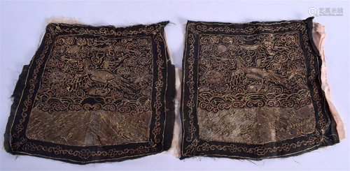 A PAIR OF 19TH CENTURY CHINESE BLACK SILK WORK RANK BADGES Q...