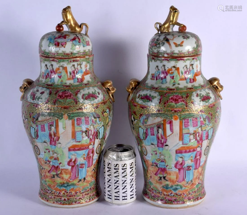 A LARGE PAIR OF 19TH CENTURY CHINESE CANTON FAMILLE ROSE VAS...