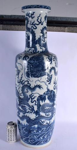 A GOOD LARGE 19TH CENTURY CHINESE BLUE AND WHITE ROULEAU VAS...