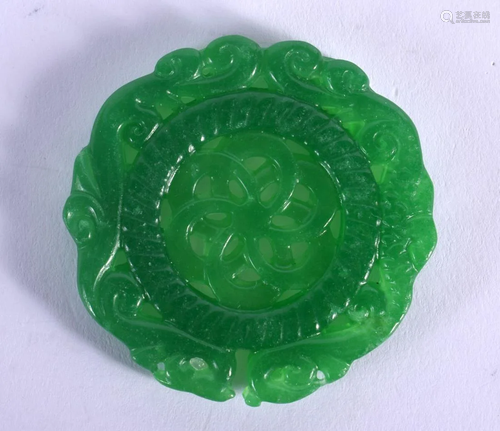 A CHINESE CARVED SPINACH JADE ROUNDEL PLAQUE 20th Century. 5...