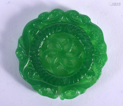 A CHINESE CARVED SPINACH JADE ROUNDEL PLAQUE 20th Century. 5...