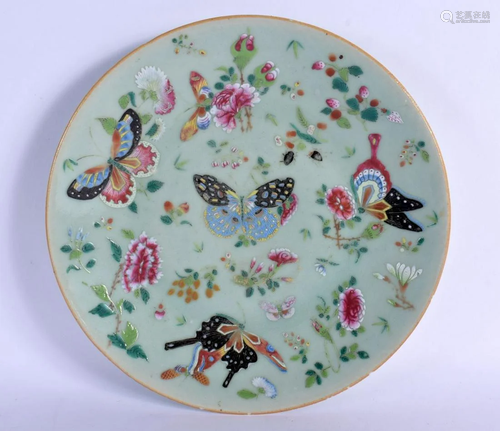 A 19TH CENTURY CHINESE CANTON FAMILLE ROSE CELADON PLATE Qin...