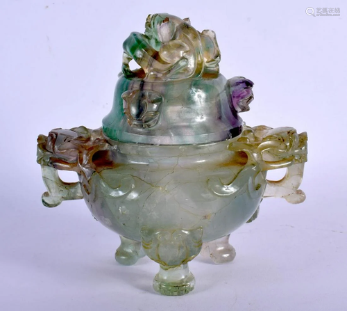 A 19TH CENTURY CHINESE CARVED FLUORITE STONE CENSER AND COVE...