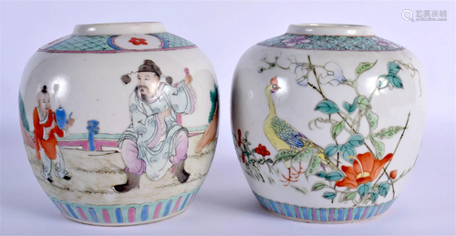 A NEAR PAIR OF EARLY 20TH CENTURY CHINESE FAMILLE ROSE GINGE...