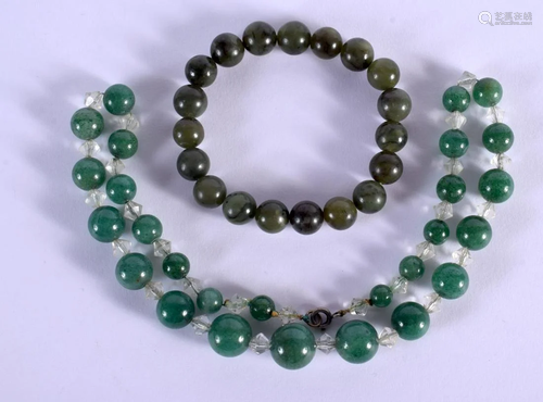 A VINTAGE CHINESE JADE NECKLACE together with jade bracelet....