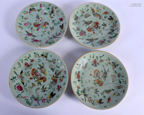 FOUR 19TH CENTURY CHINESE CELADON FAMILLE ROSE PLATES Qing. ...