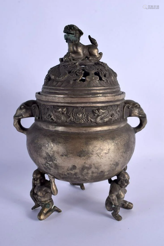 A CHINESE SILVERED BRONZE CENSER AND COVER 20th Century. 27 ...