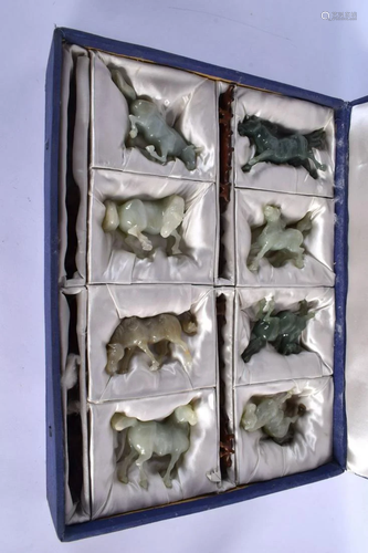 A SET OF EIGHT EARLY 20TH CENTURY CHINESE CARVED JADE HORSES...