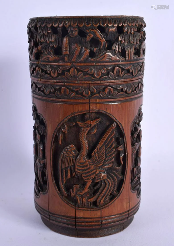 A LATE 19TH CENTURY CHINESE CARVED BAMBOO TEA CADDY AND COER...