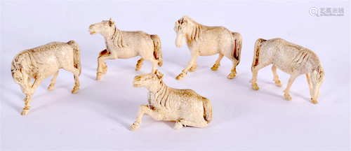 A SET OF FIVE 19TH CENTURY CHINESE CARVED BONE HORSES Qing. ...