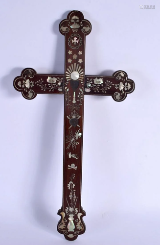 A 19TH CENTURY CHINESE HONGMU MOTHER OF PEARL INLAID CROSS. ...