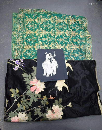 AN INDIAN SILK EMBROIDERY together with a scroll etc. (qty)