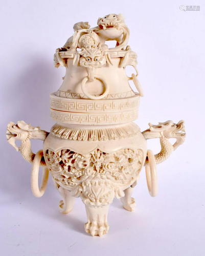 AN EARLY 20TH CENTURY CHINESE CARVED IVORY CENSER AND COVER ...