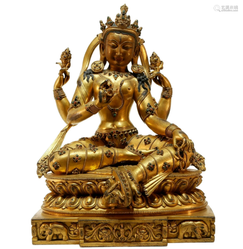 A Fine Gilt-bronze Jewel-inlaid Four-armed Avalokitesvara