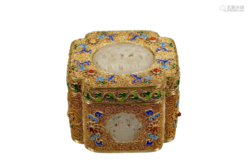 A Gilt-Bronze Blue Enameled White Jade-Inlaid Box