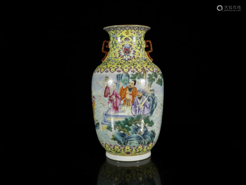 A Top Yellow Ground Enamel Handle Vase