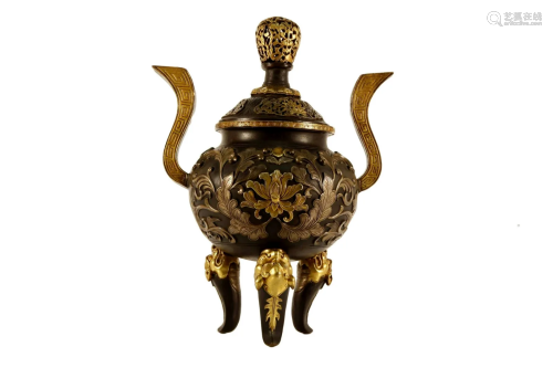 A Gilt-Bronze Lotus Tripod Censer