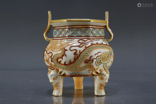 A Wucai 'Dragon' Tripod Censer