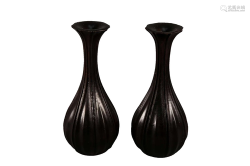 A Pair Of Zitanwood Melon-Ridged Vases