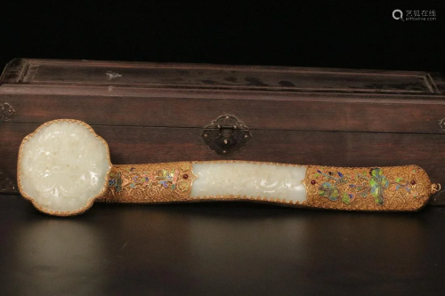 A Hetian Jade Gem-Inlaid Gilt-Decorated Ruyi Scepter