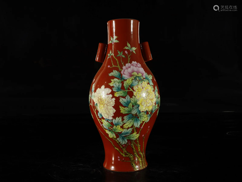 A carmine-ground famille-rose 'flower' vase