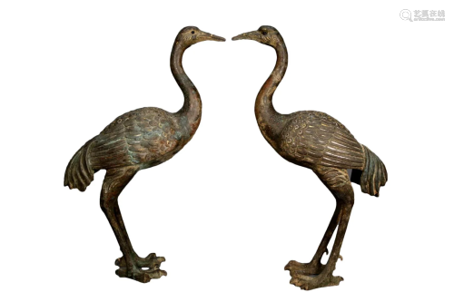 A Pair Of Bronze Gold& Silver-Inlaid Cranes