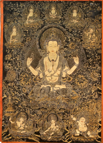 A Rare and Classic Tibetan Four-Arms Guanyin Thangka