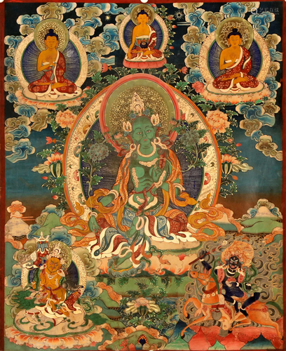 A Rare and Classic Tibetan Green Tara Thangka