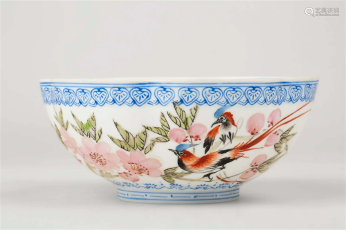FLOWER AND BIRDS PATTERN BOWL WITH LOTUS MOUTH WITH 'JI...