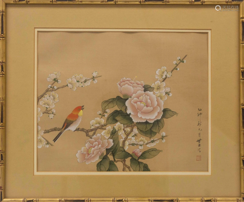 PEONY AND BIRD PAINTING WITH SIGNATURE