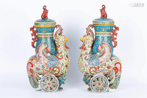 A PAIR OF FAMILLE ROSE CELESTIAL ROOSTERS WITH 'DA QING...