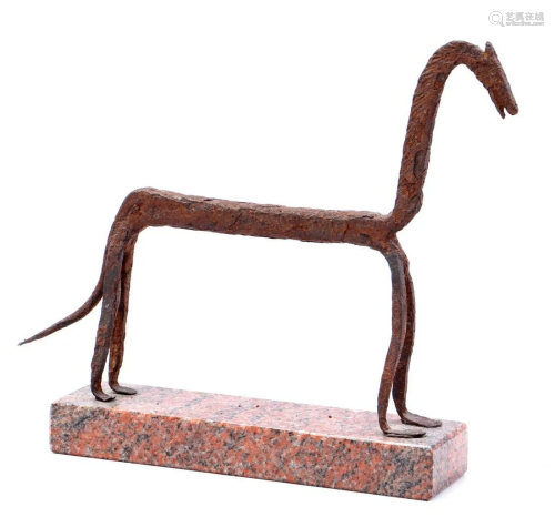 Iron Bamans horse, on stone pedestal