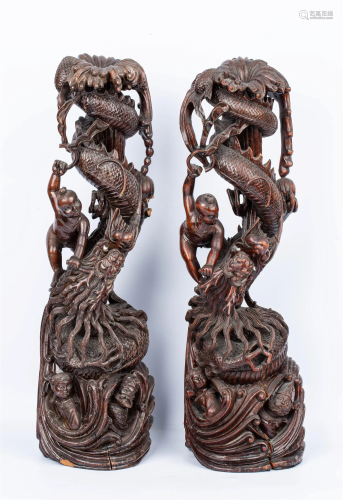 PAIR OF MAHOGANY CANDLESTICKS, LATE QING DYNASTY/REPUBLIC OF...