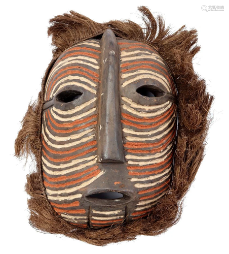 Wooden ceremonial mask with red and white stripes