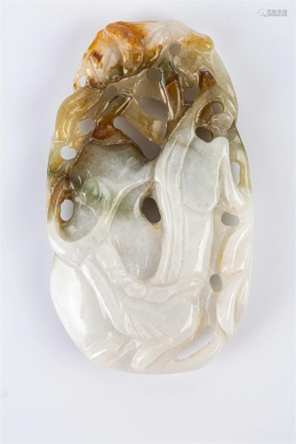 HOLLOW CARVED 'FU LU SHOU' TRI-COLOR JADEITE PENDA...