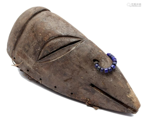 Wooden ceremonial mask with blue chain