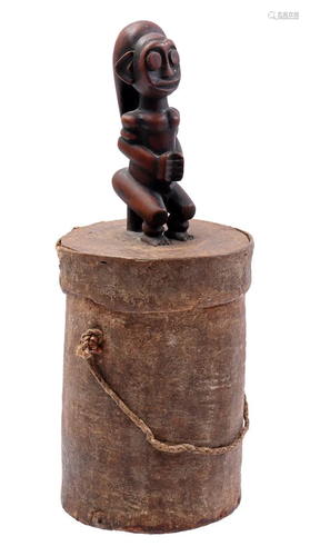 Wooden storage jar with lid with figure