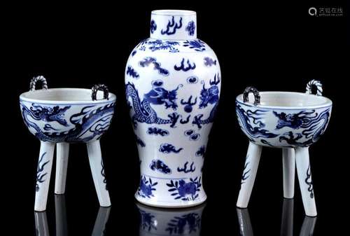 2 porcelain incense burners with blue and white