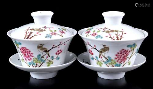 2 porcelain lidded bowls on saucer